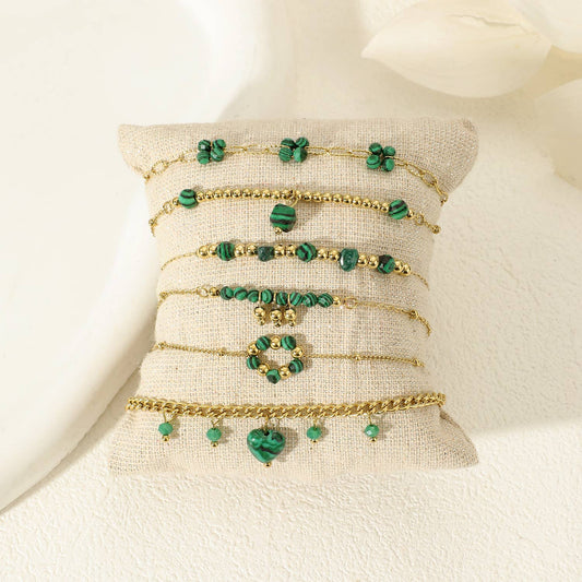 Set of 6 Gold Malachite Stone Bracelets on Cushion